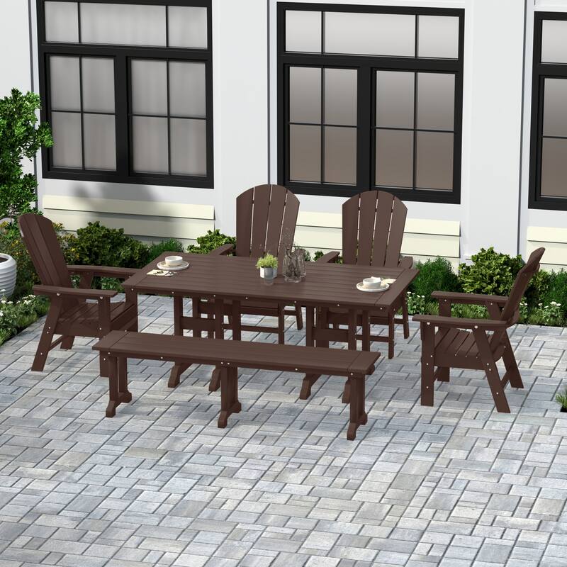 Laguna Hdpe All Weather Outdoor Patio Dining Set with Rectangle Table, Arm Chairs, and Bench (6-Piece Set) - Dark Brown