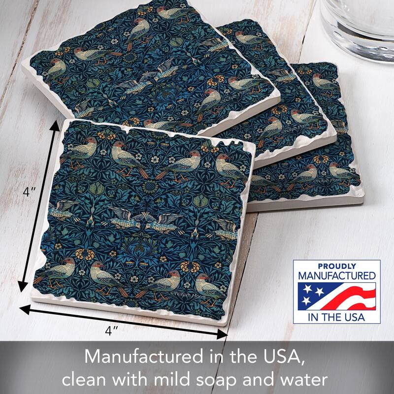 Patterned Birds 4-Pack Tumbled Tile Stone Coasters with Protective Cork Backing Manufactured in The USA