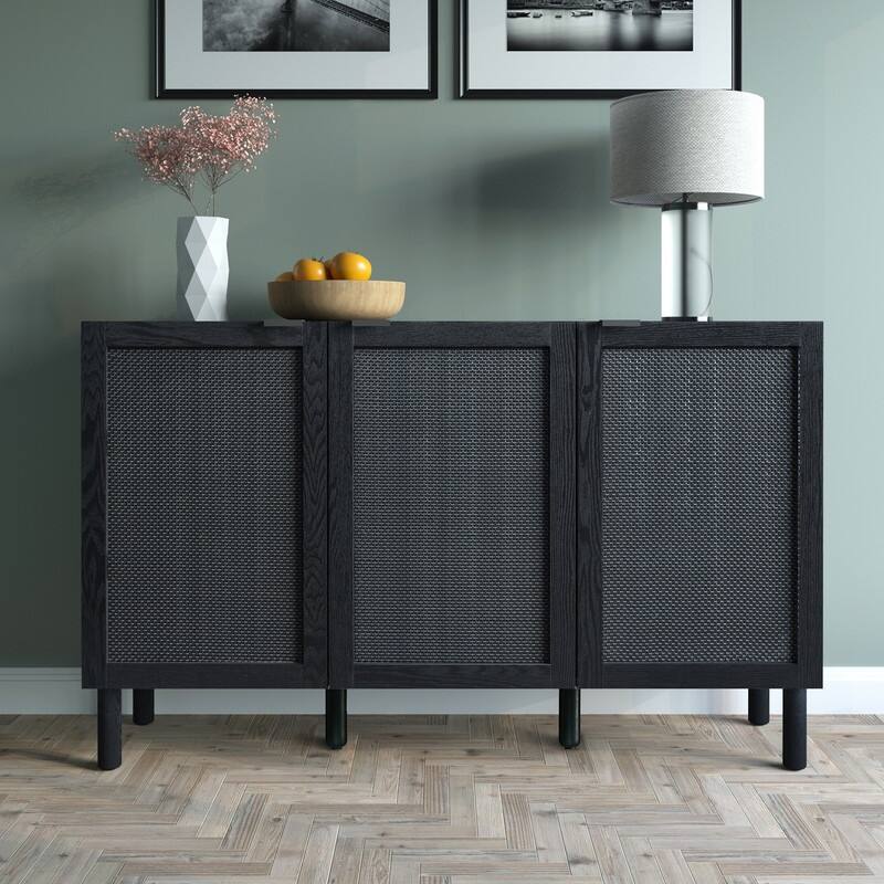 Orre 3 Door Cabinet -Black Frame With Black Rattan
