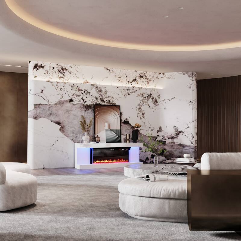 Modern Electric Fireplace TV Stand, High Gloss White Console, 40" LED Insert