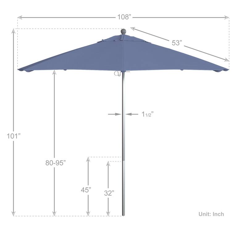 California Umbrella 9' Rd. Aluminum Frame, Fiberglass Rib Patio Umbrella, Push Open,Anodized Silver Finish, Sunbrella Fabric