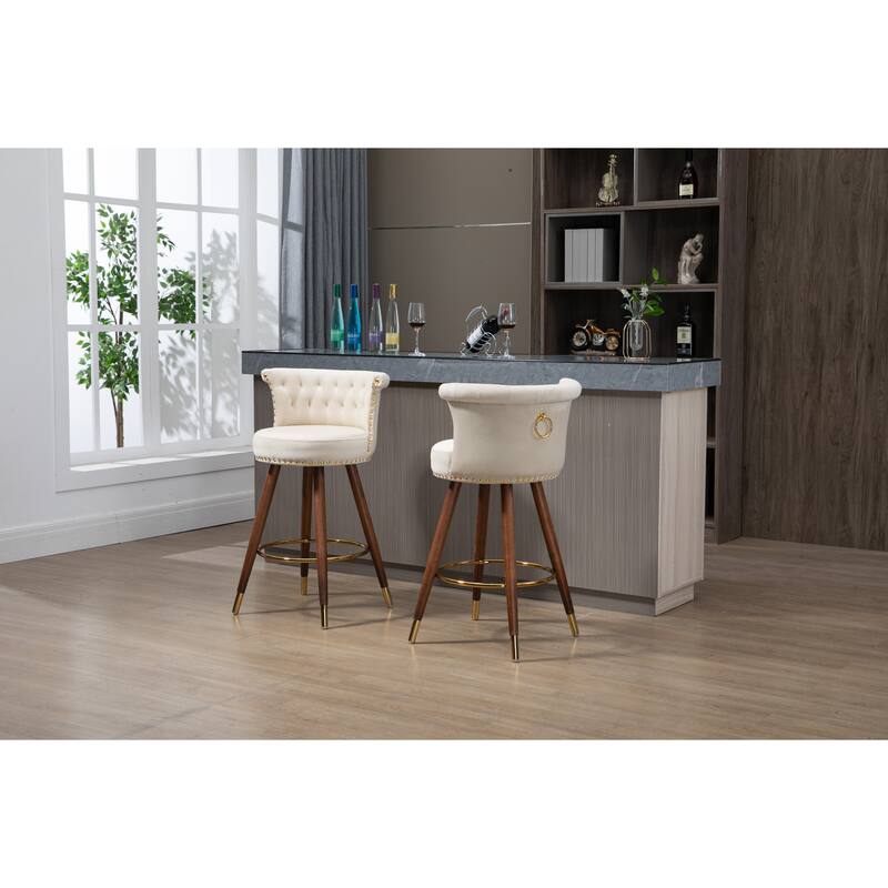 Counter Height Bar Stools Set of 2, Kitchen Bar Stools with Solid Wood Legs, Upholstered Dining Room Chairs with Footrest