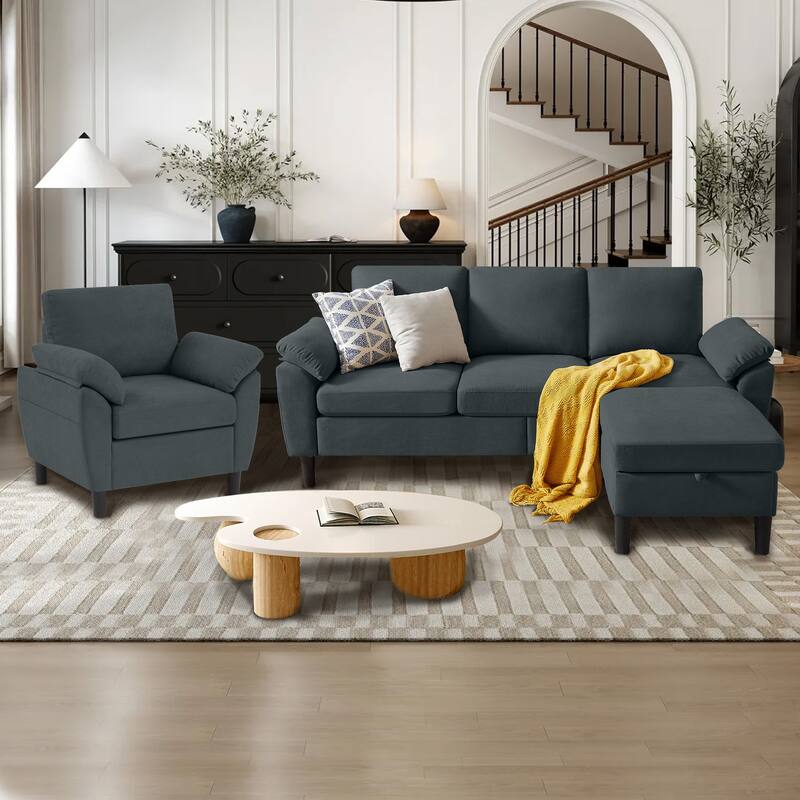3-Piece Living Room Sectional Sofa Set with Chair and Ottoman - Dark Grey