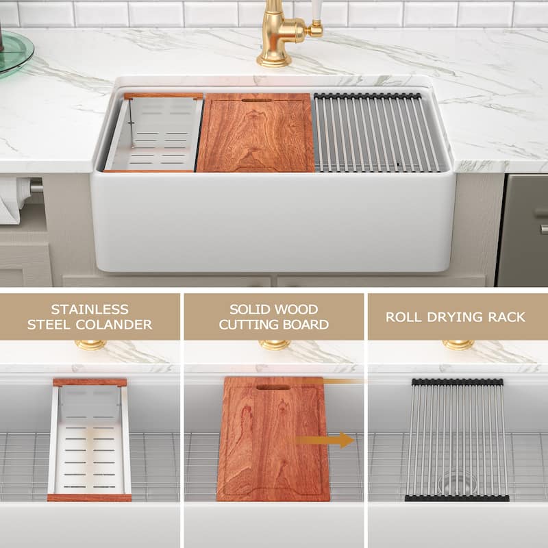 Kichae 33 Inch Ceramic Sink Undermount Workstation White Kitchen Sink - 33 in.W x 20 in.D x 10 in.H