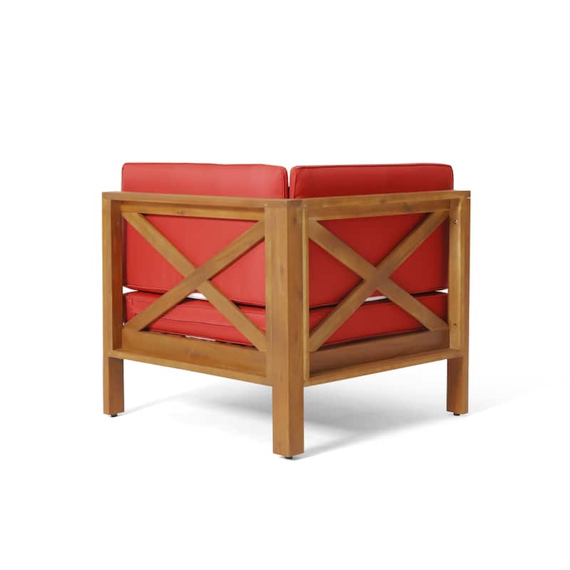 Roomfitters Outdoor 4-Piece Acacia Wood X-Back Sofa Set with Coffee Table, Red Cushions