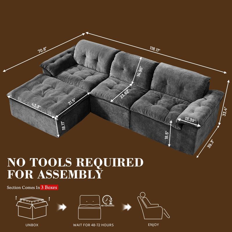 Rossetta L-Shaped Modular Chenille Cushioned Extreme Comfort Sofa with Detachable Backrest and Armrests, 1 Removable Ottoman