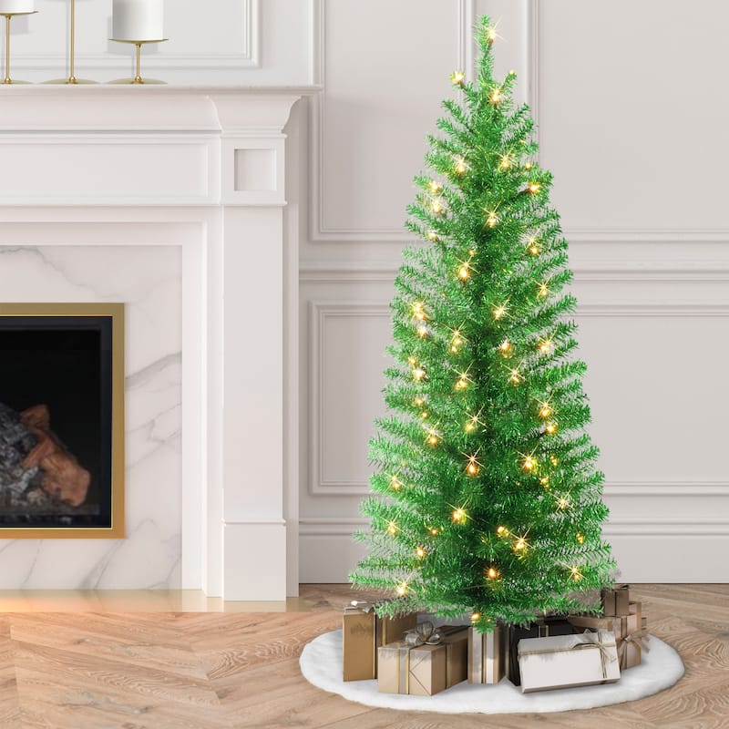 Puleo International 4.5 ft. Pre-lit Green Tinsel Tree - 4.5 Foot