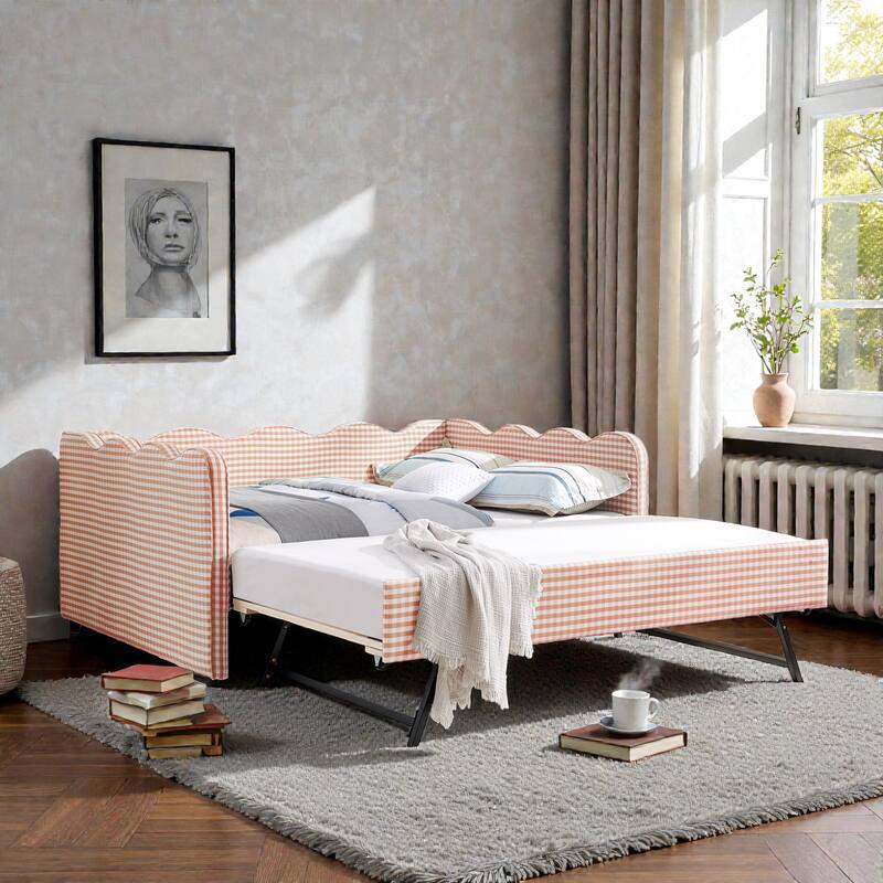 Full Size Gingham Daybed with Twin Trundle, Linen Sofa Bed with USB Port and Wave Shaped Design - Pink - Full