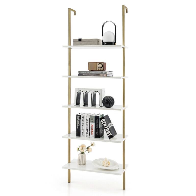 Gymax 5 Tier Ladder Shelf 71'' Open Wall-Mounted Bookcase with Golden - White