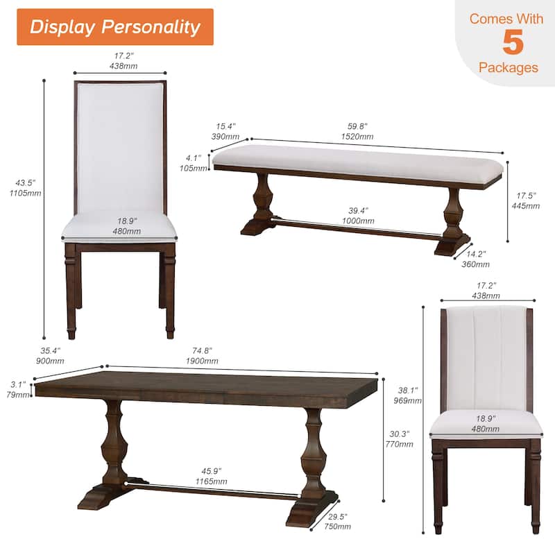 6-pieces Farmhouse Dining Table for 6, 74.8" Kitchen Table Set with 4 Chairs and Bench, Solid Wood Legs and Cushion Seat
