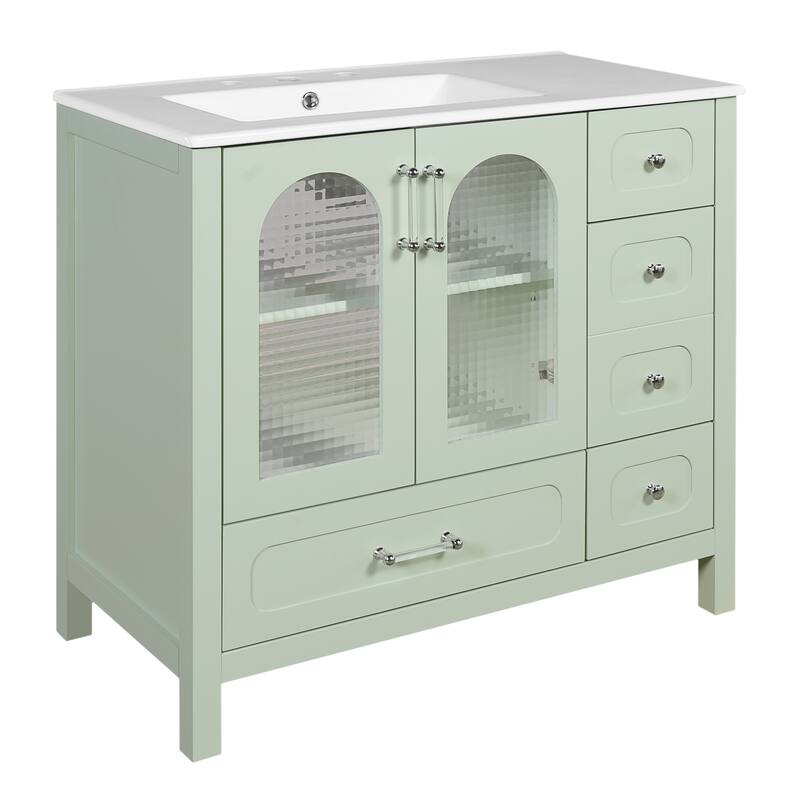 Freestanding Bathroom Vanity in Green with White Integrated Ceramic Sink