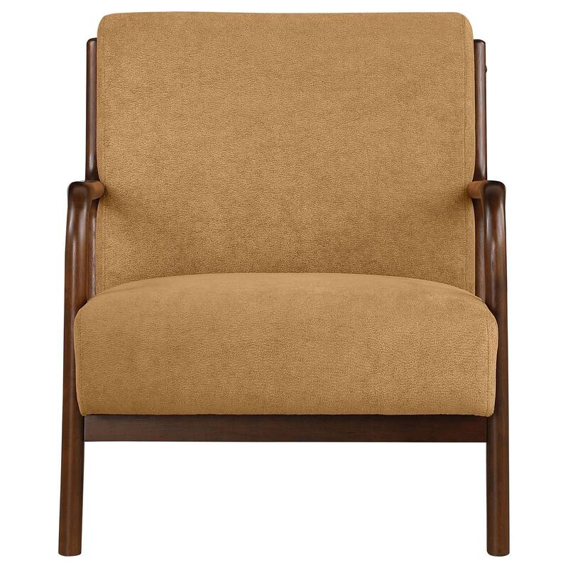 Arril Accent Chair, Soft Honey Orange Fabric Cushions, Dark Brown Wood