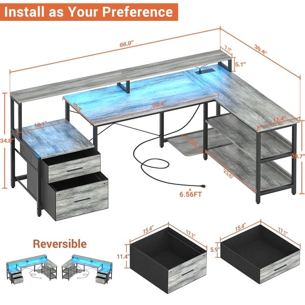 dimension image slide 7 of 8, Reversible L Shaped Computer Desk with File Drawer & Monitor Stand & Power Outlet & LED Strip, Home Office Desk Corner Desk