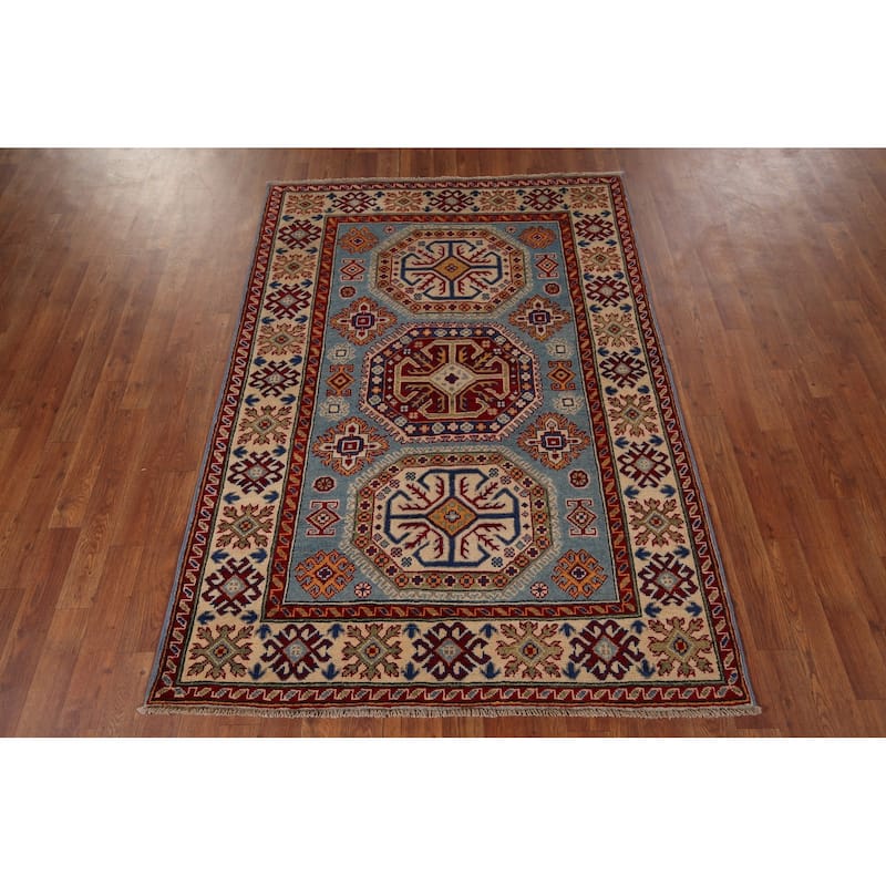 Blue Geometric Kazak Foyer Rug Bedroom Handmade Wool Carpet - 4'1" x 5'10"