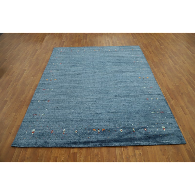 Hand Knotted Oriental Viscose Silk Carpet Tribal Animal Pictorial Navy Blue & Blues Gabbeh Area Rug - 9' 9'' X 7' 9''
