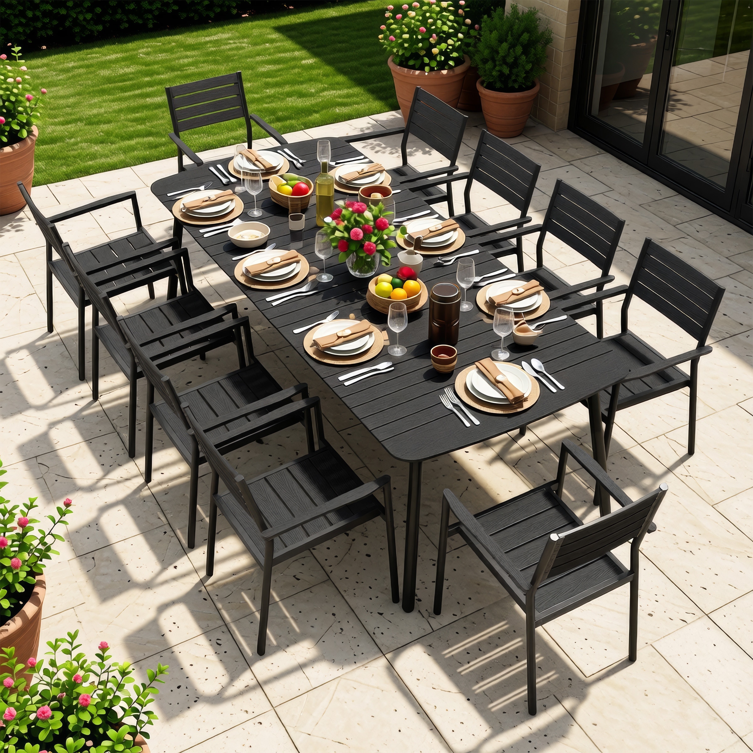 7/9/11-piece Patio Dining Set Outdoor Aluminum Rectangular Table with Umbrella Hole and Stackable Chairs