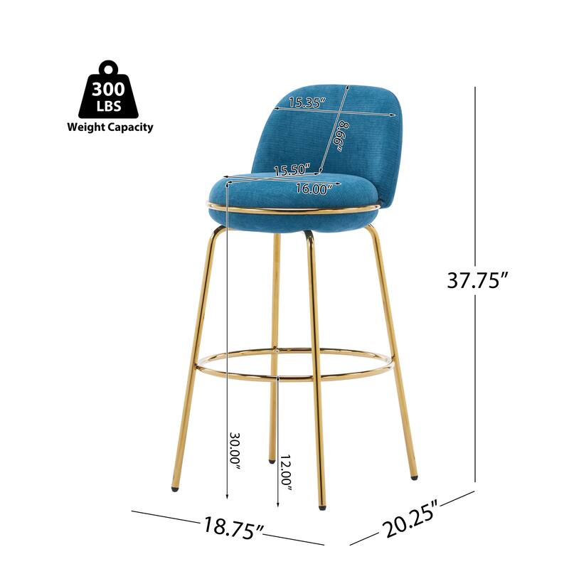 Rio Claro Indoor Metal Upholstered Barstool, Gold Finished Frame and Blue Upholstery, Set of 2