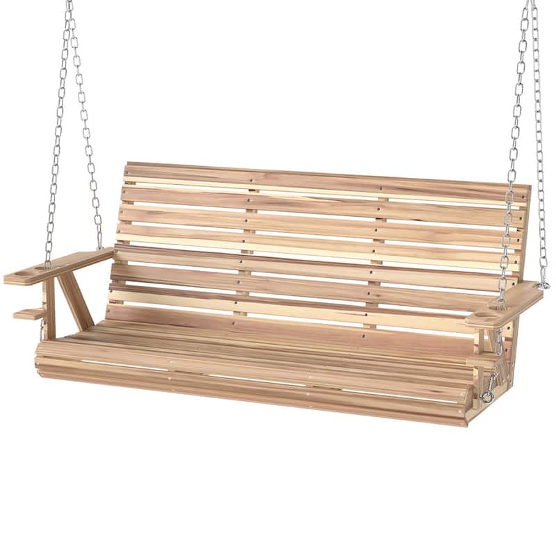 Fir and Pine Wood 3 Seater Outdoor Swing Chair with Cupholders Adjustable Chains for Patio Garden Deck - 63" W x 26.4" D x 24" H - Natural
