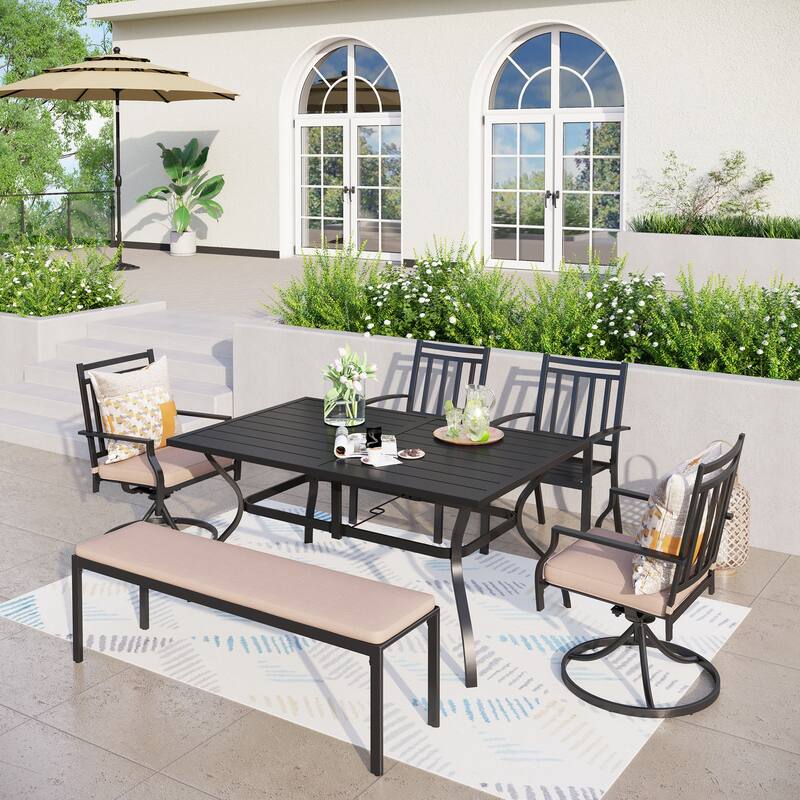MAISON ARTS 6-Piece Patio Dining set with 1 Rectangle Steel Table, 2 Swivel Chairs, 2 Stackable Chairs and 1 Bench