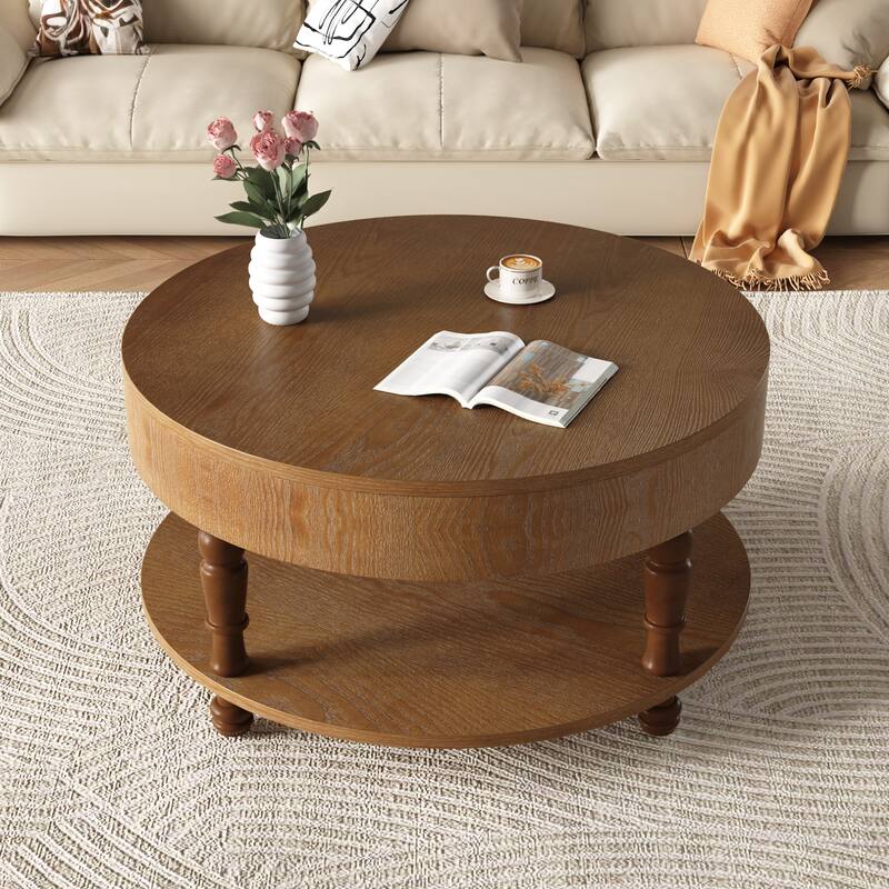 Roomfitters 31.5" Round Coffee Table, Storage Center Table with Hidden Compartment for Living Room - Walnut Brown