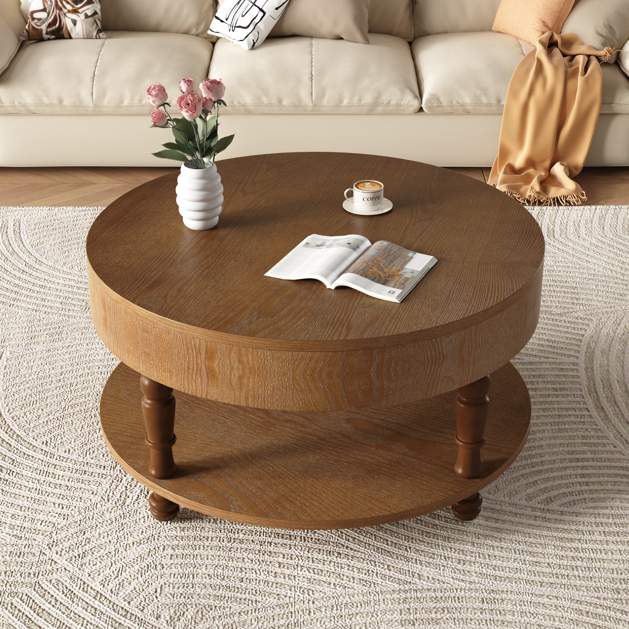 Round Coffee Table Center Table with Storage and Hidden Compartment, Walnut Brown Sofa Table Side Table End Table