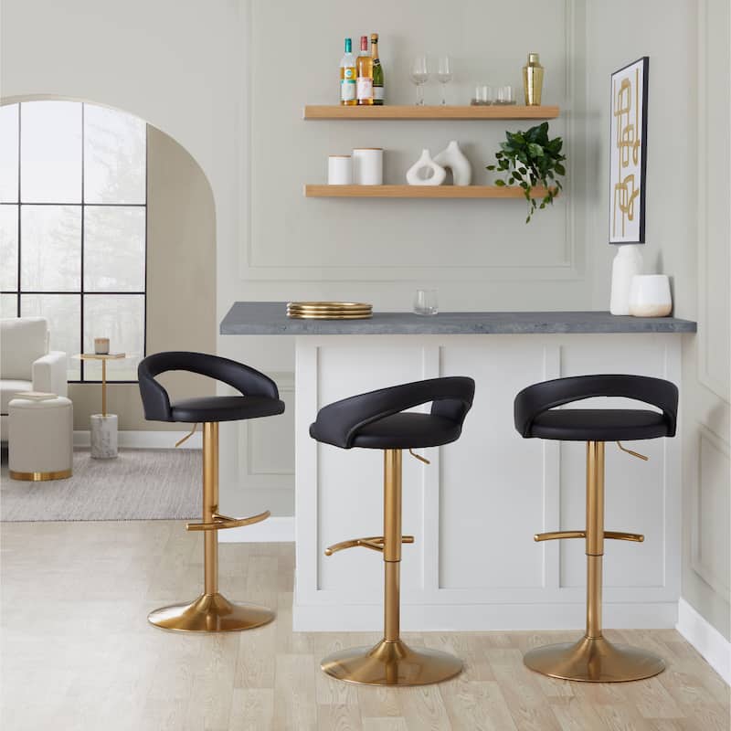 Silver Orchid Stavenger Upholstered Adjustable Bar Stool with Gold Metal Base & Rounded T Footrest (Set of 3)