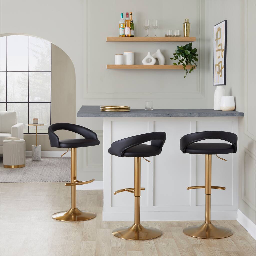 Silver Orchid Stavenger Upholstered Adjustable Bar Stool with Gold Metal Base & Rounded T Footrest (Set of 3)