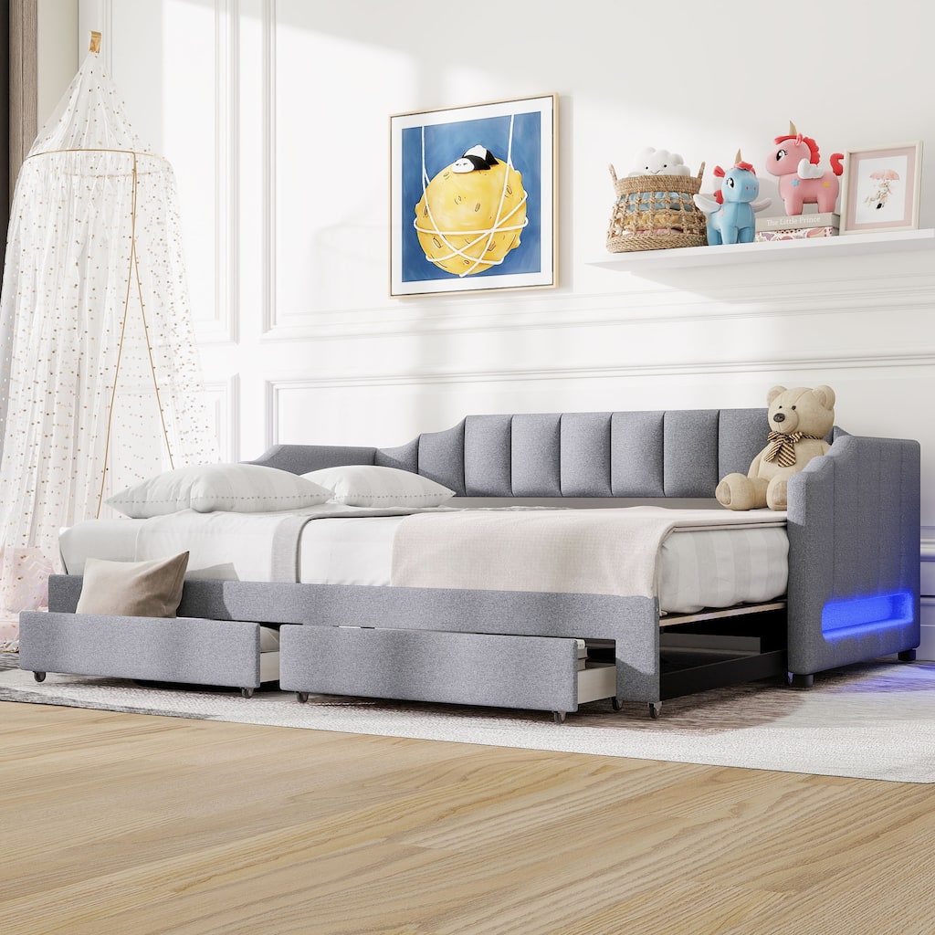 Extendable Twin XL to King Upholstered Daybed with Storage Drawers and LED Light, Gray