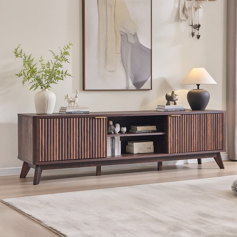 70" Modern Fluted TV Stand for Living Room, Wood Entertainment Center - Walnut