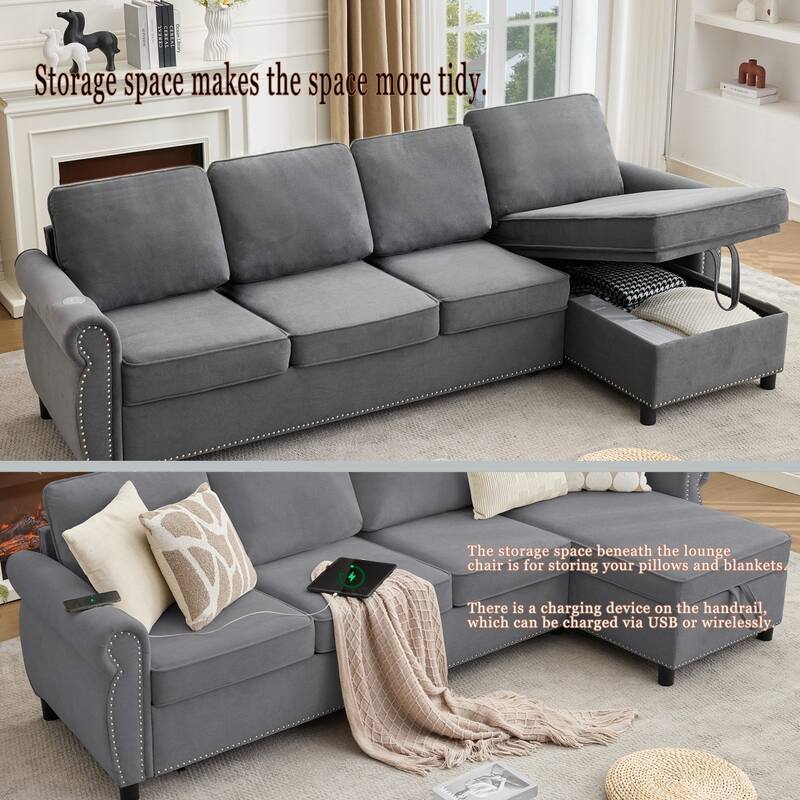 106.5" L-Shaped Flannelette Sectional Sofa with Pull-Out Bed