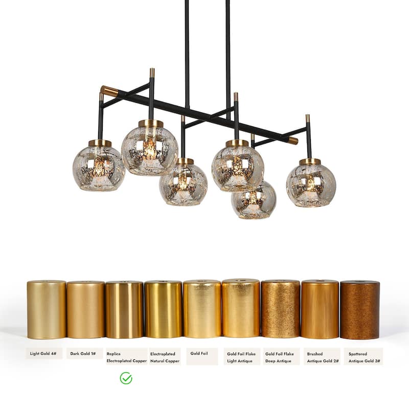 Modern Farmhouse 6-Light Black Gold Linear Chandelier Island Lights with Mercury Glass - 27.5" L x 14.5" W x 10" H
