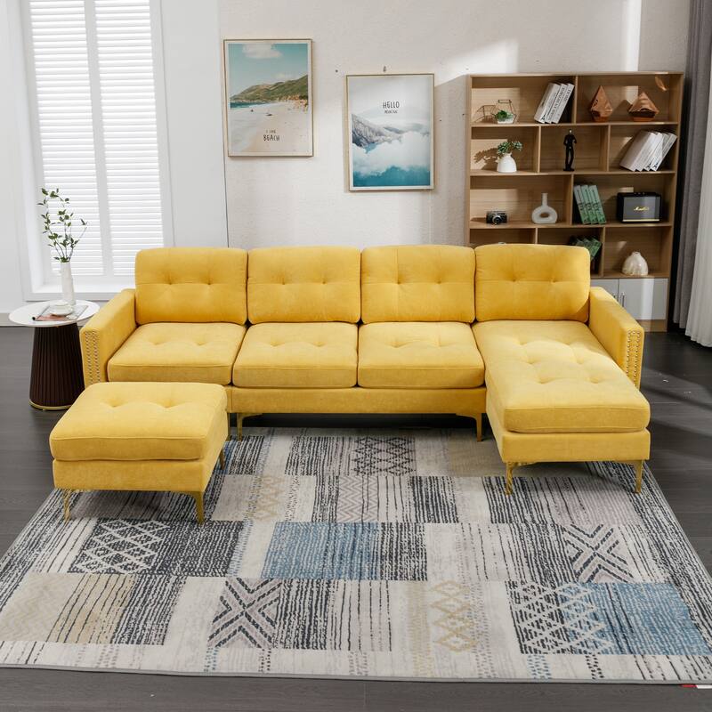 L Shaped Convertible Sectional Sofa with Ottoman, Velvet Fabric 5 Seater Sofa, Upholstered Sofa with Chaise & Storage Pockets