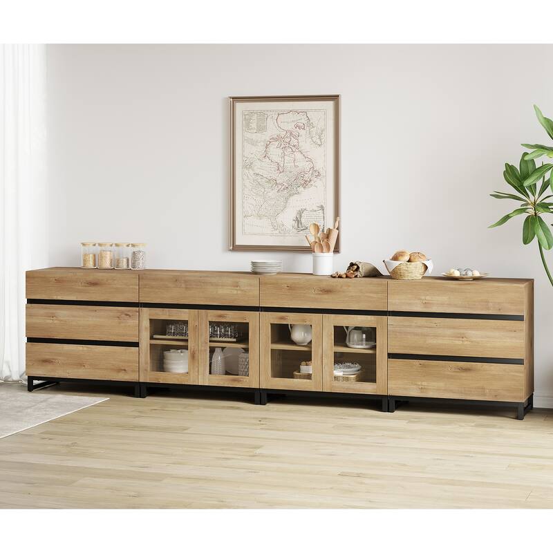 4 in 1 Sideboard with 8 Glass Doors & Drawers, Adjustable Shelf, Metal Base. Coffee Bar Storage for Living Room, Kitchen - 126 inches - Oak