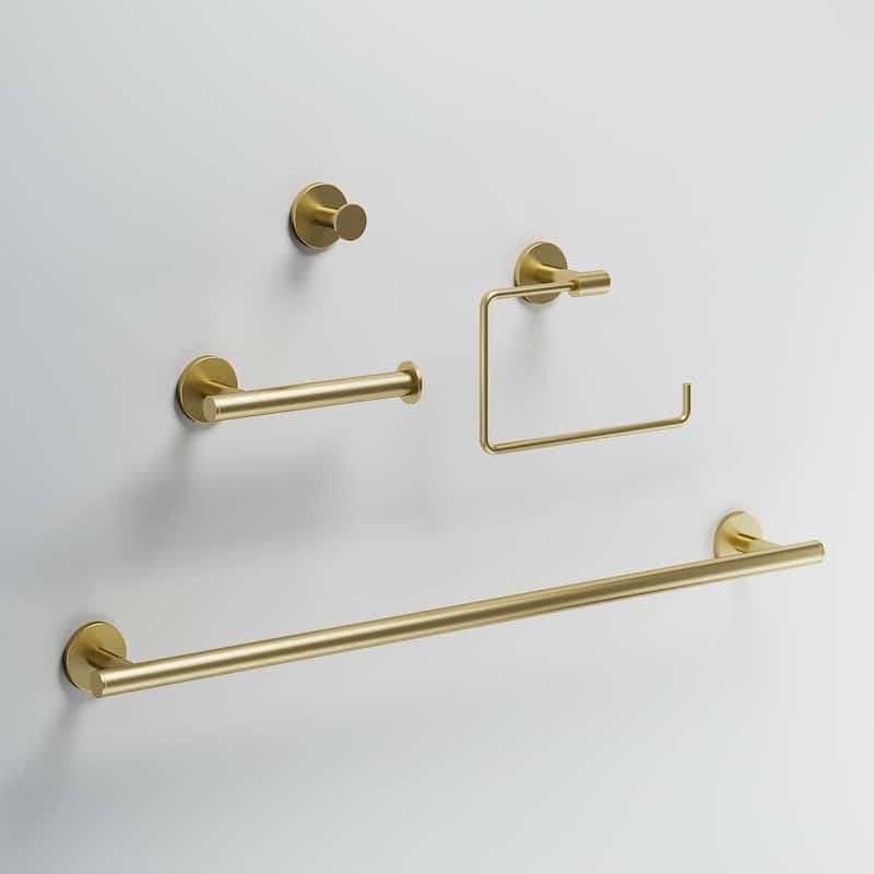 VIGO Elan 4-Piece Bathroom Hardware Accessory Set with 24 in. Towel Bar, Toilet Paper Holder, Hand Towel Holder, Hook - Matte Brushed Gold