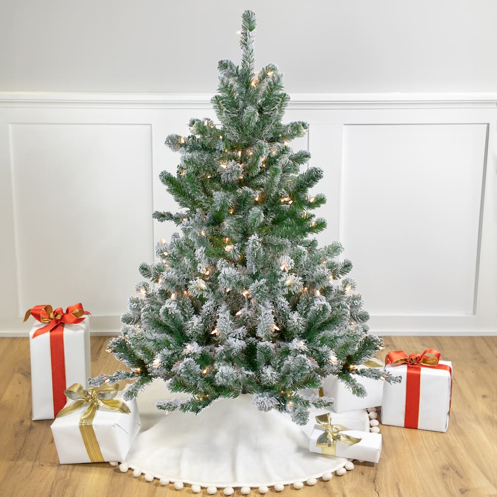 4.5' Full Flocked Emerald Artificial Christmas Tree Warm Clear Lights - 4.5 Foot