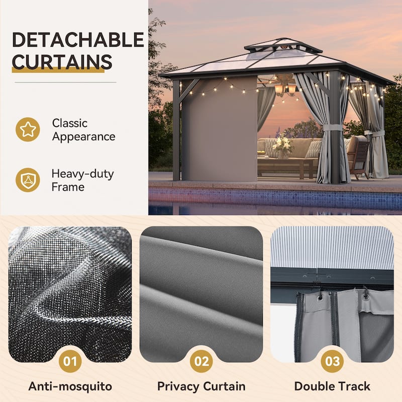 Hardtop Gazebo, Aluminum Frame Permanent Pavilion with Curtains and Netting