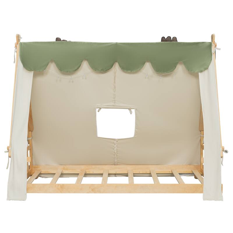 House Bed with Antler Accents Light Tent and Roof Wood Bed Frame