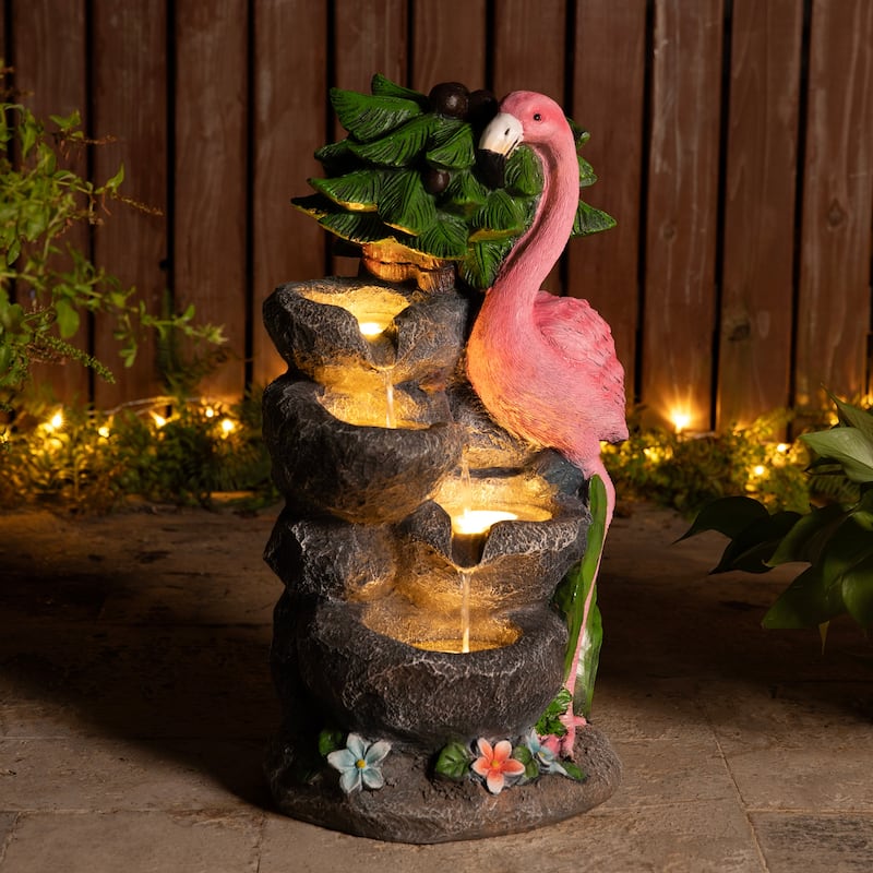 Glitzhome 23.5"H 4-Tiered Flamingo Polyresin Stone Outdoor Fountain with Lights