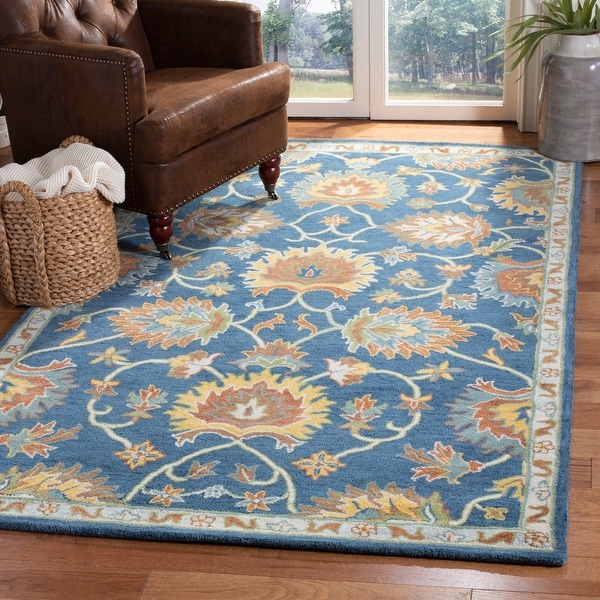2' X 3' Blue Floral Botanical Traditional Rectangle Contains Latex Handmade Hand-Tufted Navy/Brown Wool Area Rug