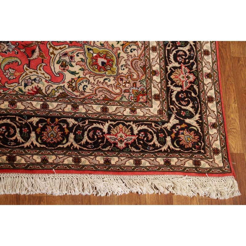 Hand-Knotted Red Floral Wool & Silk Tabriz Persian Rug - 5'1"x 6'9"