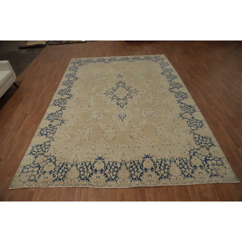 Hand Knotted Oriental 100% Wool Carpet Traditional Floral Beige & Ivories Kerman Area Rug - 12' 10'' X 9' 4''