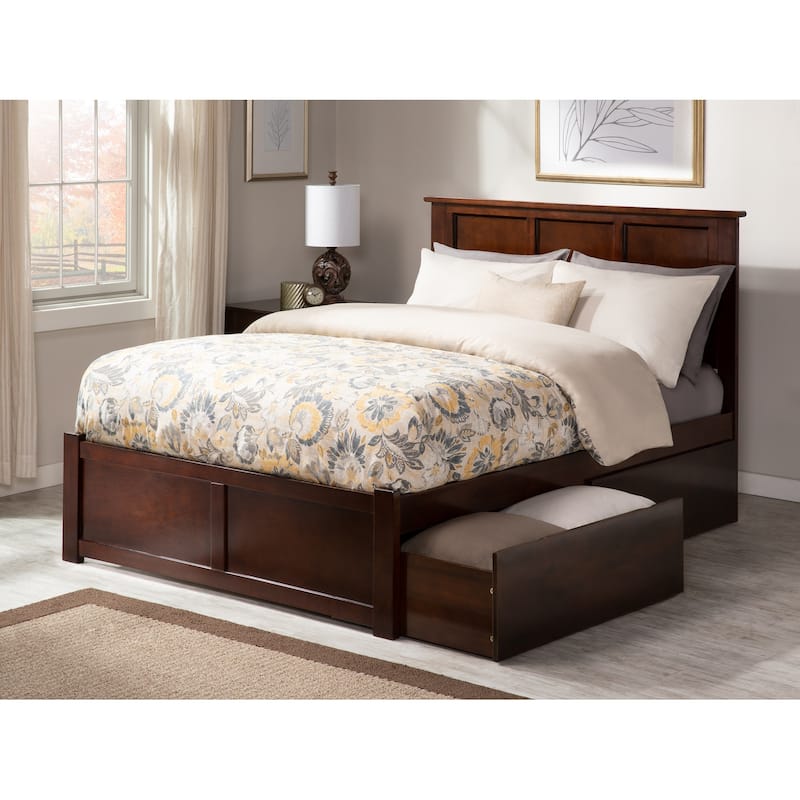 Madison Full Platform Bed with Footboard and 2 Drawers in Walnut