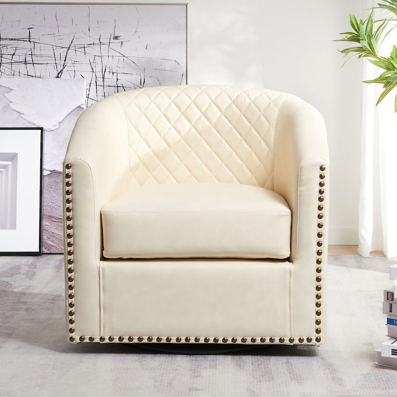 KINWELL 29" Wide Tufted PU Leather Swivel Barrel Chair