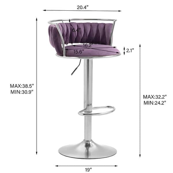 dimension image slide 19 of 24, Velvet Upholstered Adjustable Bar Stool Swivel Counter Chair Set of 2