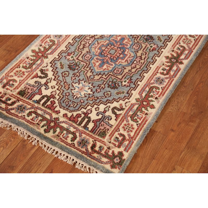 Geometric Heriz Serapi Indian Runner Rug Handmade Wool Carpet - 2'5" x 10'1"