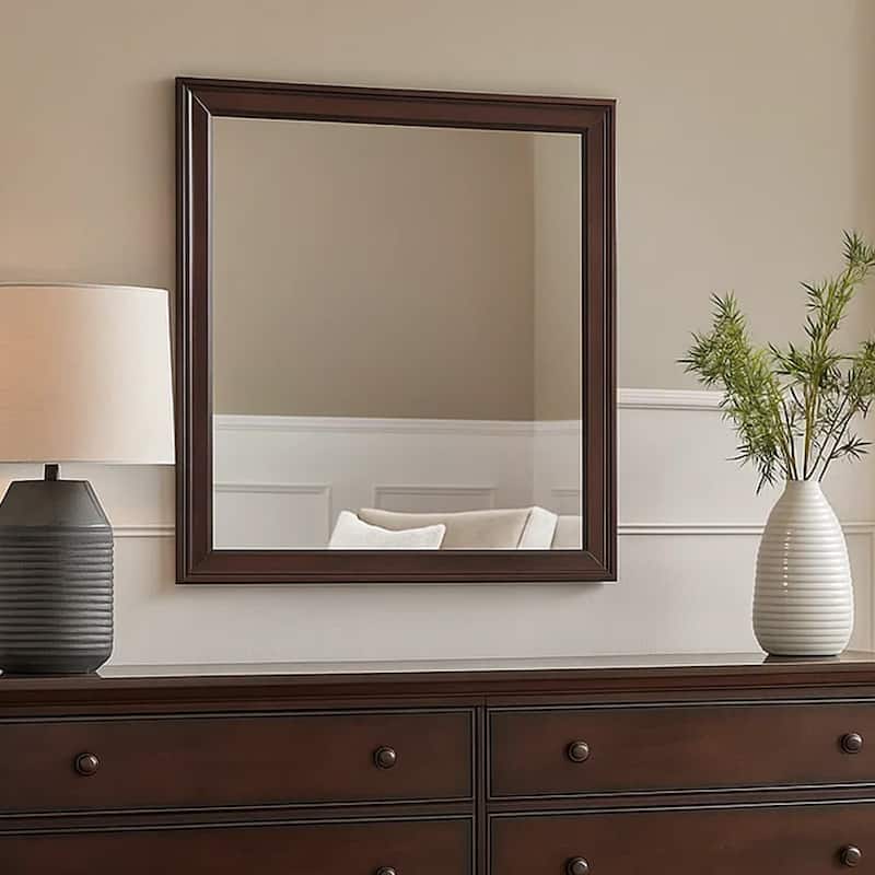 Rectangular Molded Wooden Frame Dresser Top Mirror, Cherry Brown and Silver