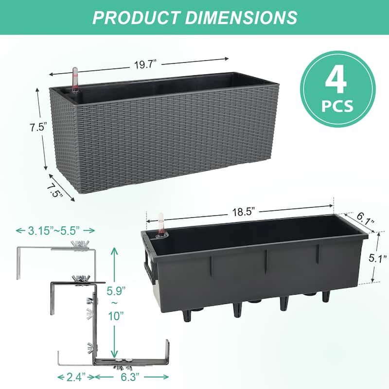 Aoodor 4Pcs 19.5" Rectangular Window/Railing Planter Box, Self Watering Planter for Balcony Porch Fence Patio - 19.5''×7.2''