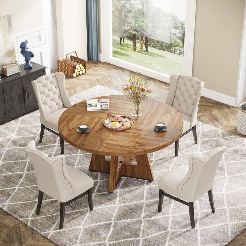 47" Round Wood Dining Table 4-Seater Farmhouse with Wooden Tabletop Cross Base for Dining Room/Kitchen