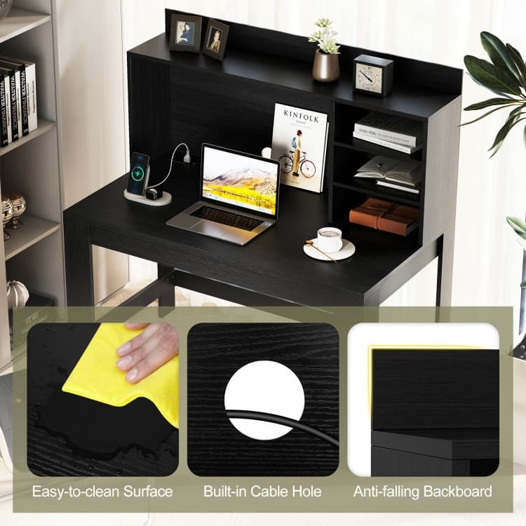 Modern White Computer Desk with Hutch & Charging Station 42.5'' MDF Workstation with USB