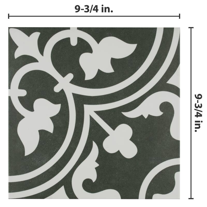 Merola Tile Arte Black Encaustic 9.75" x 9.75" Porcelain Floor and Wall Tile
